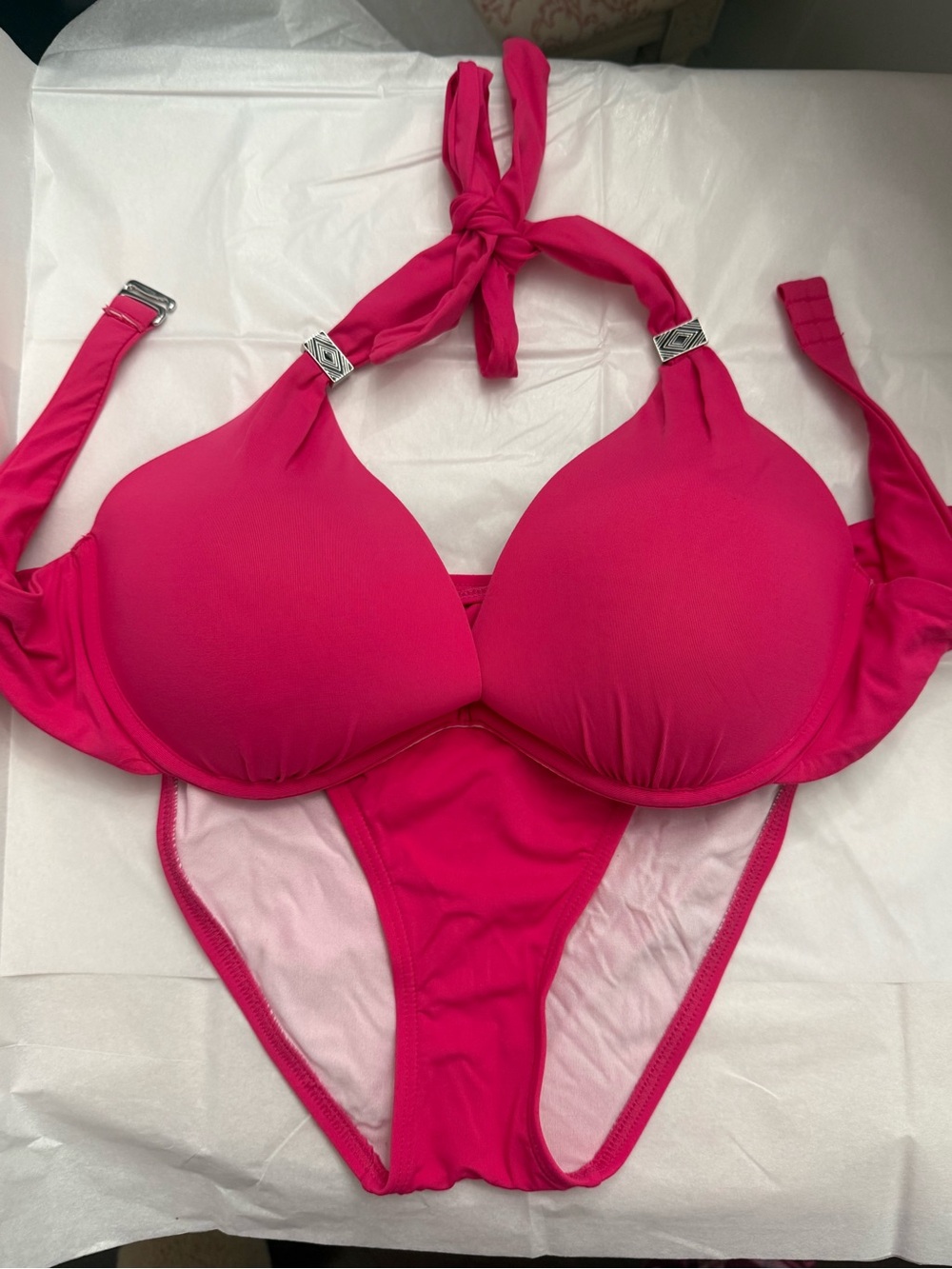 Captiva by Christina Size Large Hot Pink Push-Up Halter Bikini Set Metal Detail